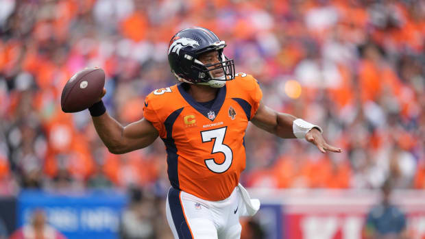 Sep 10, 2023; Denver, Colorado, USA; Denver Broncos quarterback Russell Wilson (3) prepares to pass in the first quarter against the Las Vegas Raiders at Empower Field at Mile High.